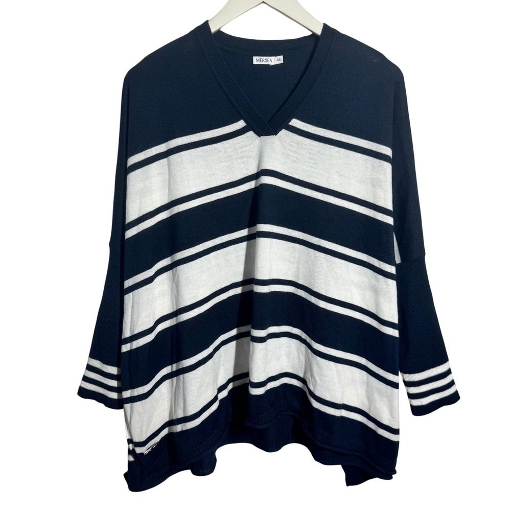 MERSEA Catalina Sweater Navy Blue White Striped VNeck Oversized OS Nautical Prep